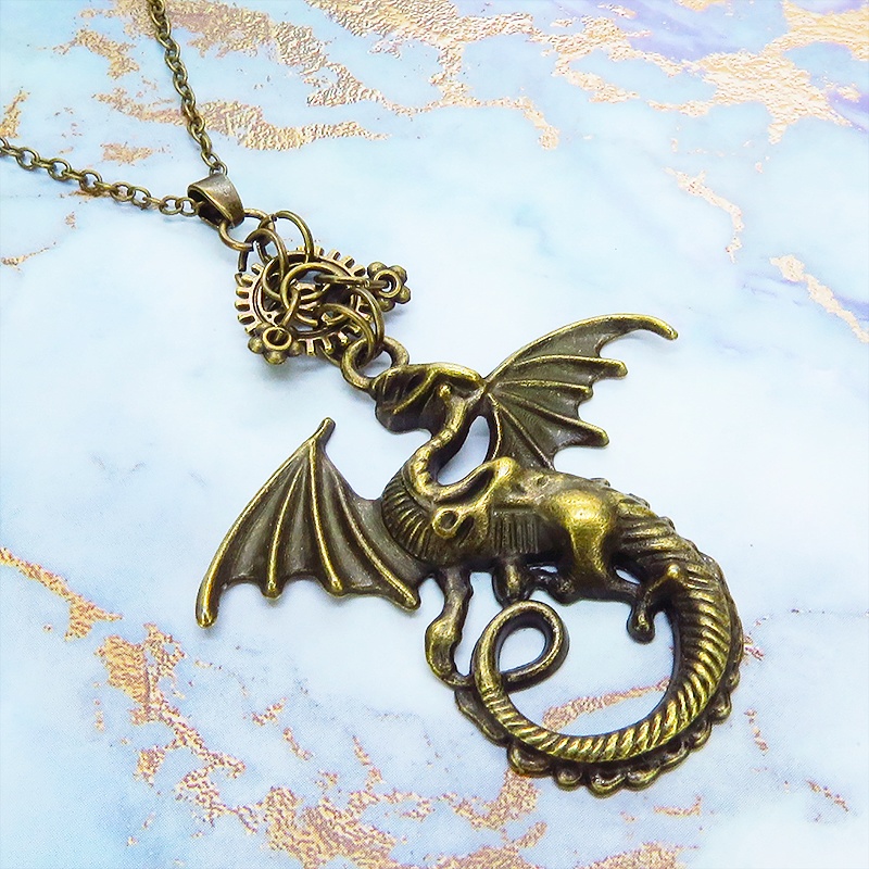 アンティークゴールド 翼を広げるドラゴンと歯車のネックレス ゴシック 金古美色 メンズ レディース