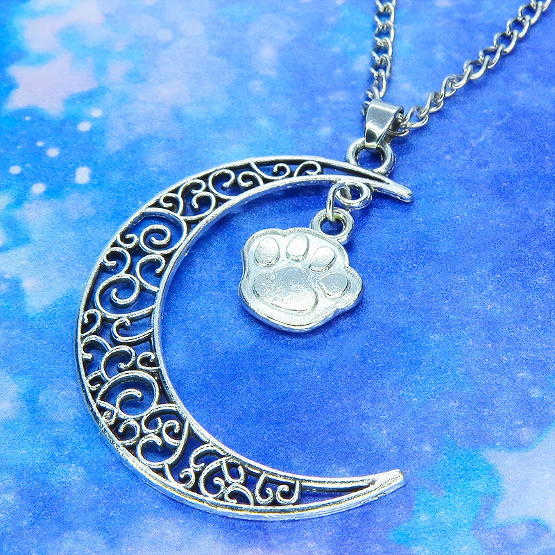 アンティークシルバー 透かし三日月と肉球の大人可愛いネックレス ムーンネックレス 猫 犬 銀古美