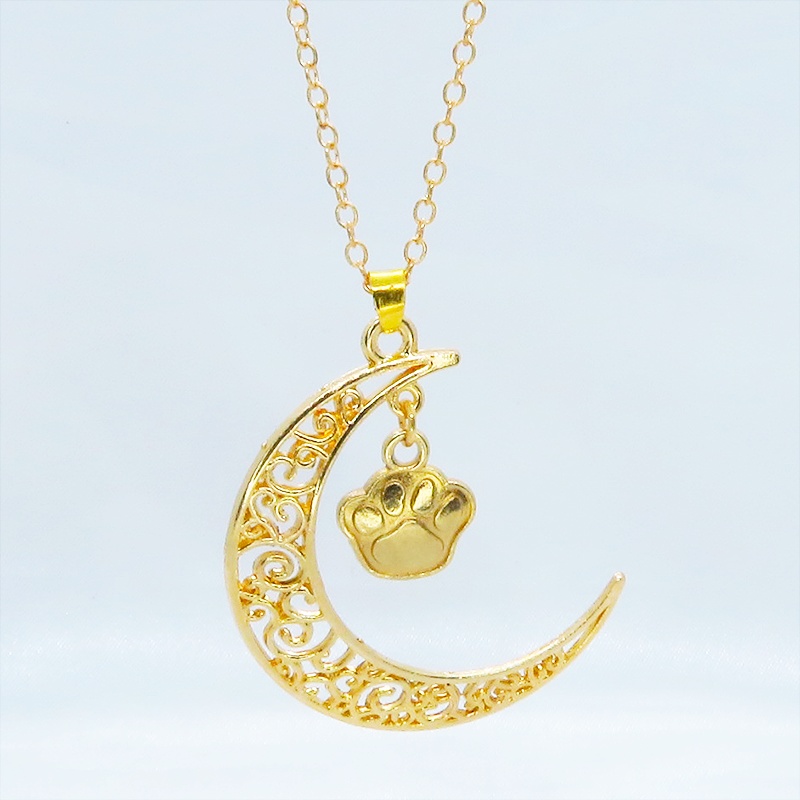 マットゴールド 透かし三日月と肉球の大人可愛いネックレス ムーンネックレス 猫 犬