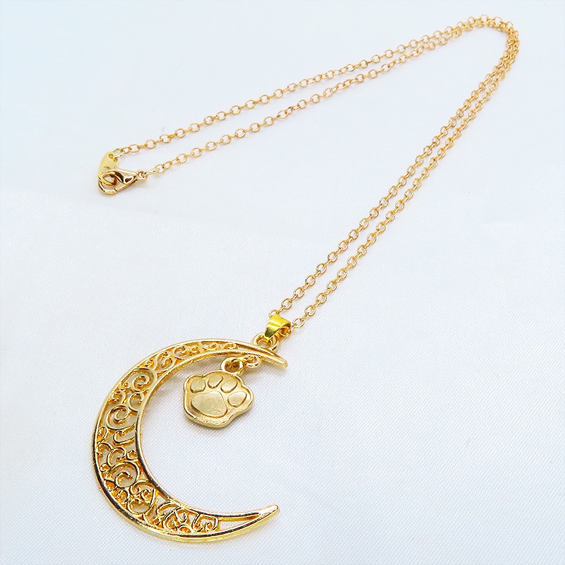 マットゴールド 透かし三日月と肉球の大人可愛いネックレス ムーンネックレス 猫 犬