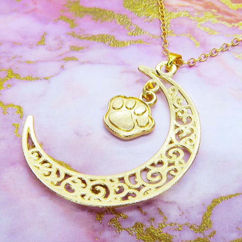 マットゴールド 透かし三日月と肉球の大人可愛いネックレス ムーンネックレス 猫 犬
