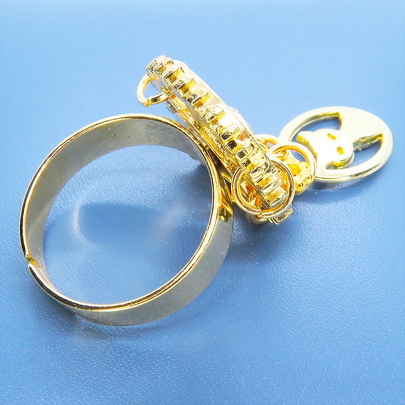 ゴールドカラー スチームパンク風猫と歯車のリング スワロフスキー チェーン フリーサイズ