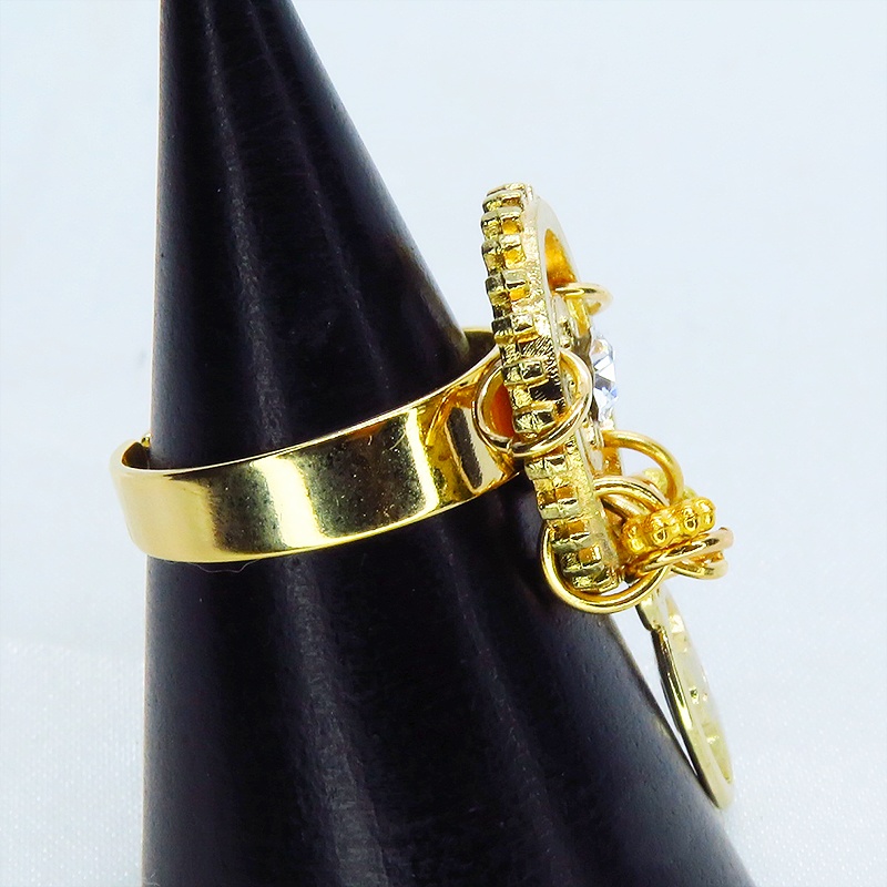 ゴールドカラー スチームパンク風猫と歯車のリング スワロフスキー チェーン フリーサイズ