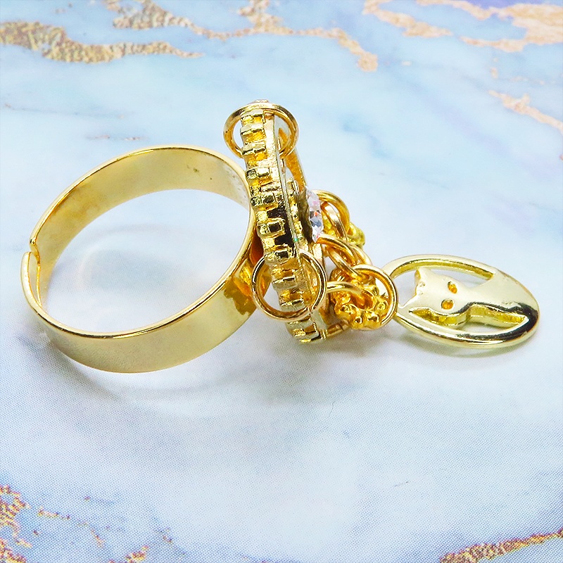 ゴールドカラー スチームパンク風猫と歯車のリング スワロフスキー チェーン フリーサイズ