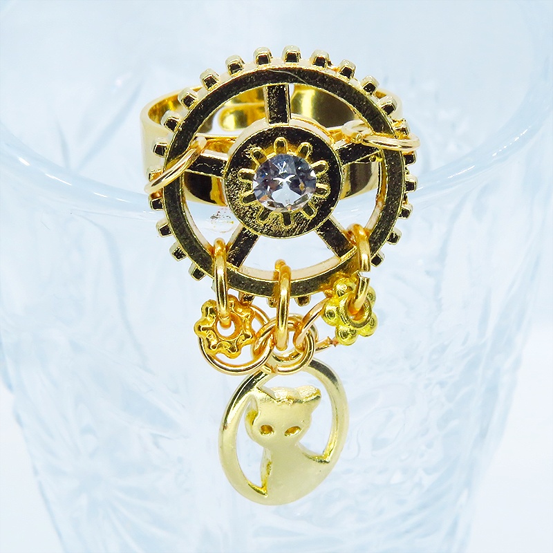 ゴールドカラー スチームパンク風猫と歯車のリング スワロフスキー チェーン フリーサイズ