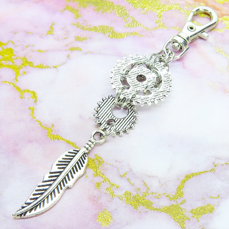 アンティークシルバー フェザーと歯車を組合せたスチームパンク風ロングキーホルダー