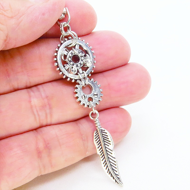 アンティークシルバー フェザーと歯車を組合せたスチームパンク風ロングキーホルダー