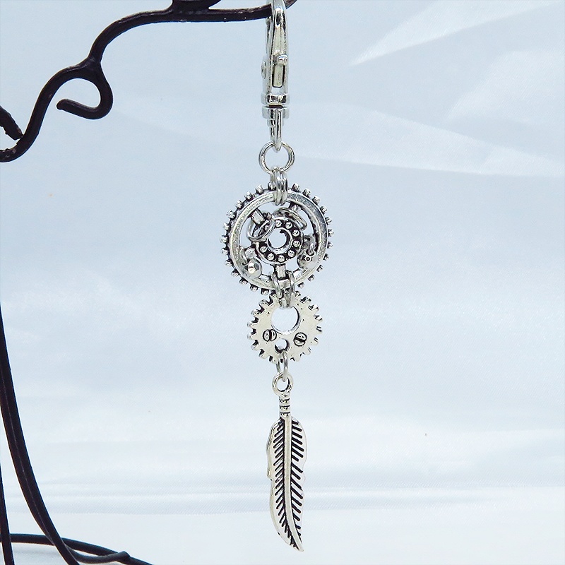 アンティークシルバー フェザーと歯車を組合せたスチームパンク風ロングキーホルダー