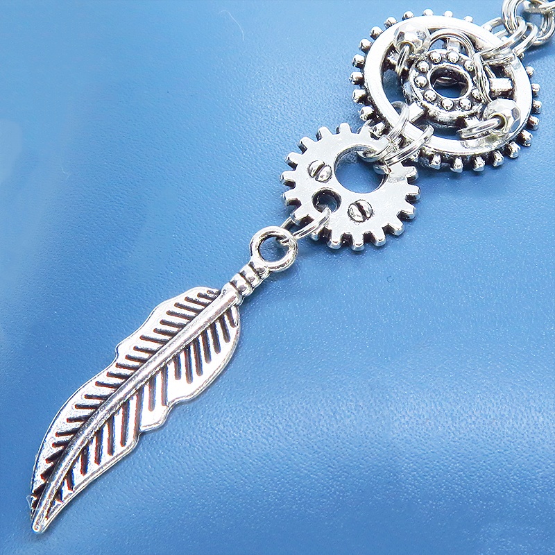 アンティークシルバー フェザーと歯車を組合せたスチームパンク風ロングキーホルダー