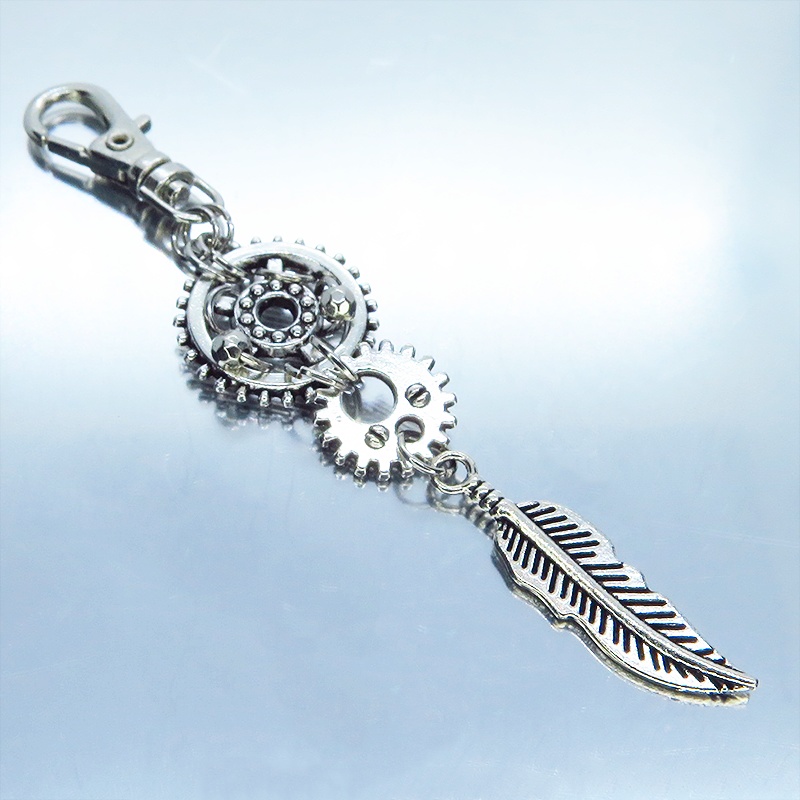 アンティークシルバー フェザーと歯車を組合せたスチームパンク風ロングキーホルダー