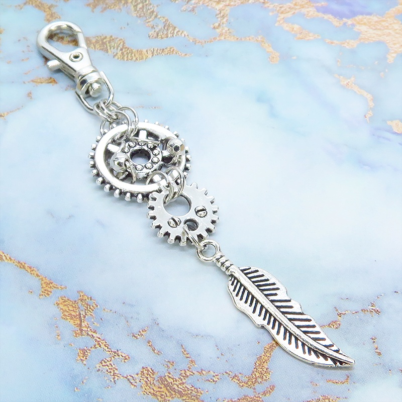 アンティークシルバー フェザーと歯車を組合せたスチームパンク風ロングキーホルダー