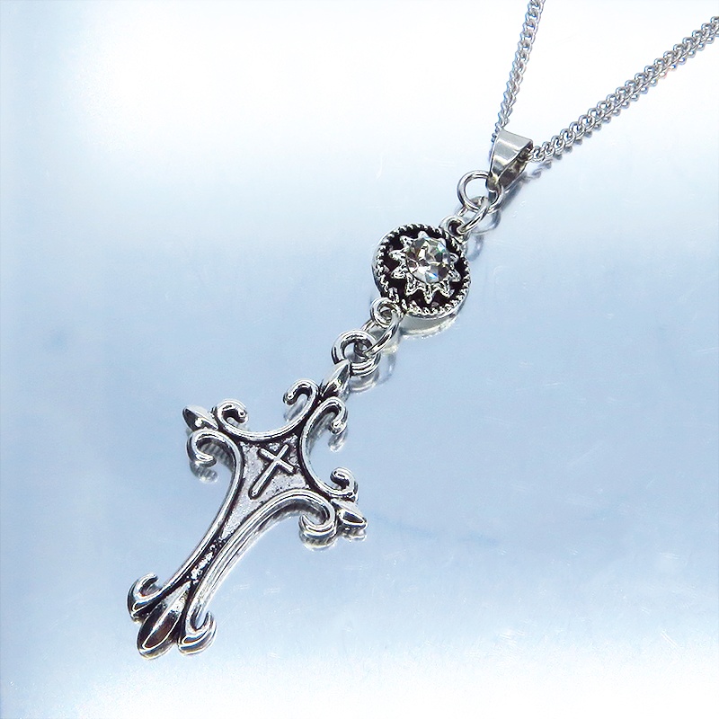 アンティークシルバー ゴシック調のロザリオ(十字架)とラインストーンのペンダント・ネックレス アジャスター可 SV925可