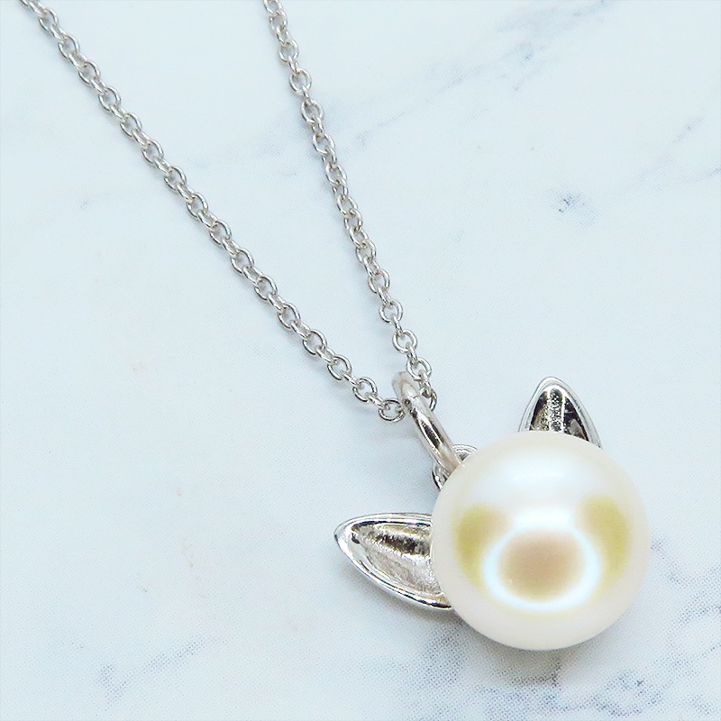 シルバー925 ペンダント型の淡水パール(ナチャラル)のシンプルで大人可愛い猫耳パールネックレス アジャスター追加可