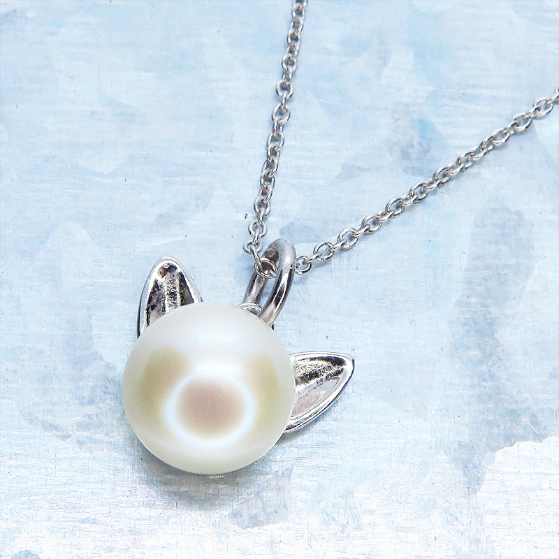 シルバー925 ペンダント型の淡水パール(ナチャラル)のシンプルで大人可愛い猫耳パールネックレス アジャスター追加可