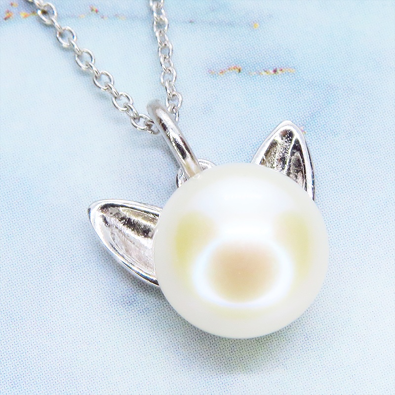 シルバー925 ペンダント型の淡水パール(ナチャラル)のシンプルで大人可愛い猫耳パールネックレス アジャスター追加可