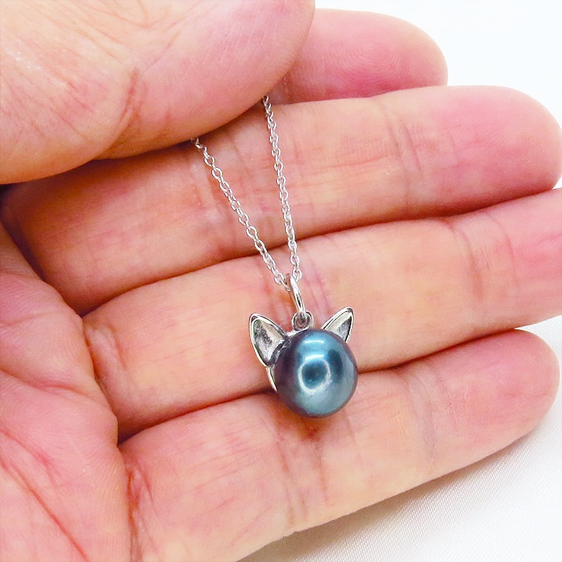 シルバー925 ペンダント型の淡水パール(ブラック)のシンプルで大人可愛い猫耳パールネックレス アジャスター追加可