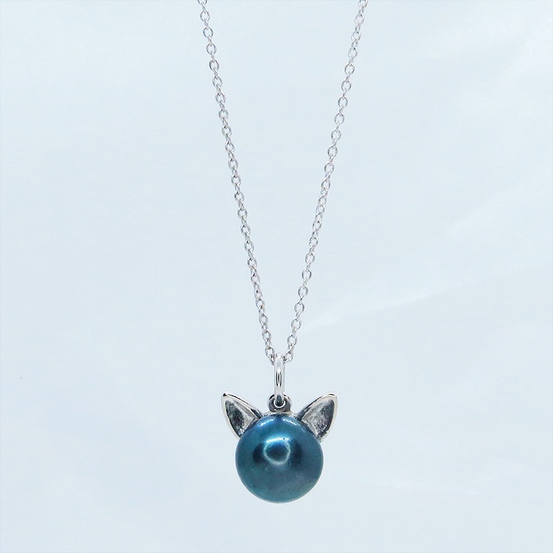 シルバー925 ペンダント型の淡水パール(ブラック)のシンプルで大人可愛い猫耳パールネックレス アジャスター追加可