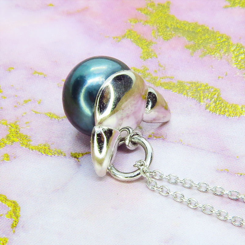 シルバー925 ペンダント型の淡水パール(ブラック)のシンプルで大人可愛い猫耳パールネックレス アジャスター追加可