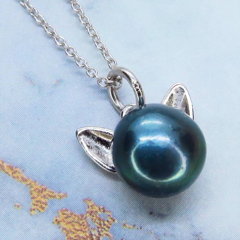 シルバー925 ペンダント型の淡水パール(ブラック)のシンプルで大人可愛い猫耳パールネックレス アジャスター追加可