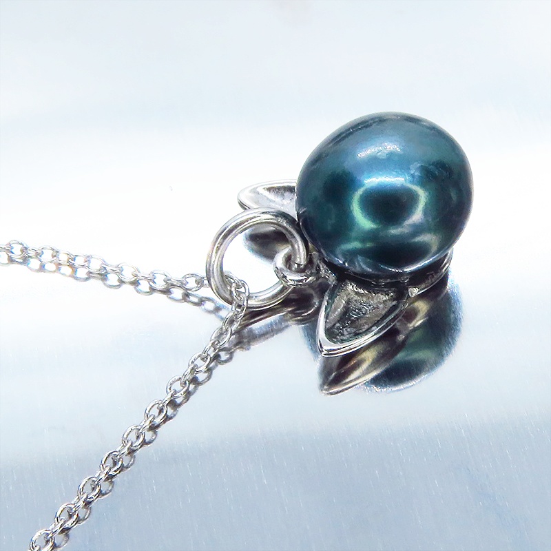 シルバー925 ペンダント型の淡水パール(ブラック)のシンプルで大人可愛い猫耳パールネックレス アジャスター追加可