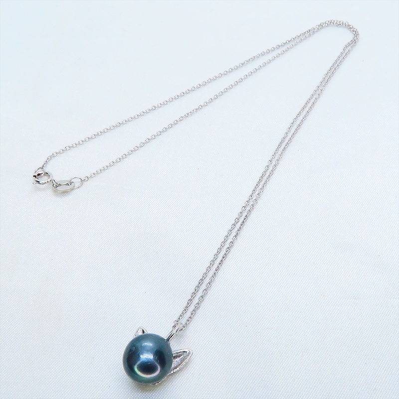 シルバー925 ペンダント型の淡水パール(ブラック)のシンプルで大人可愛い猫耳パールネックレス アジャスター追加可