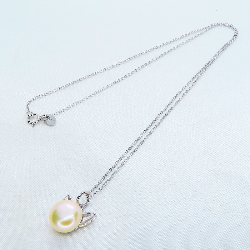 シルバー925 ペンダント型の淡水パール(コーラルピンク)のシンプルで大人可愛い猫耳パールネックレス アジャスター追加可