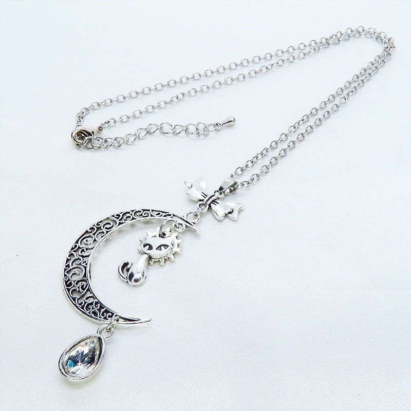 アンティークシルバー 猫と三日月のネックレス ティアドロップラインストーン(5色選択) 長さ変更可 SV925変更可