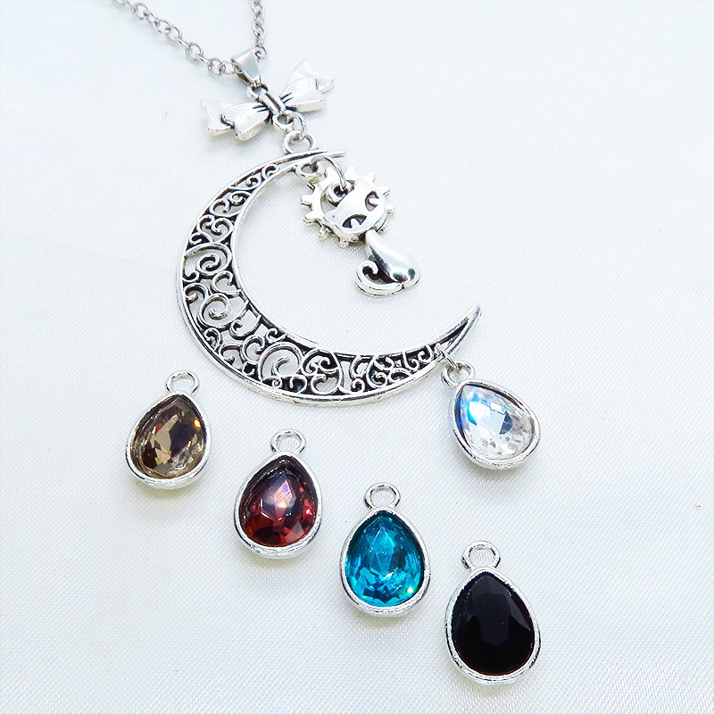 アンティークシルバー 猫と三日月のネックレス ティアドロップラインストーン(5色選択) 長さ変更可 SV925変更可