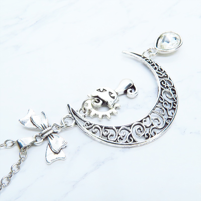 アンティークシルバー 猫と三日月のネックレス ティアドロップラインストーン(5色選択) 長さ変更可 SV925変更可