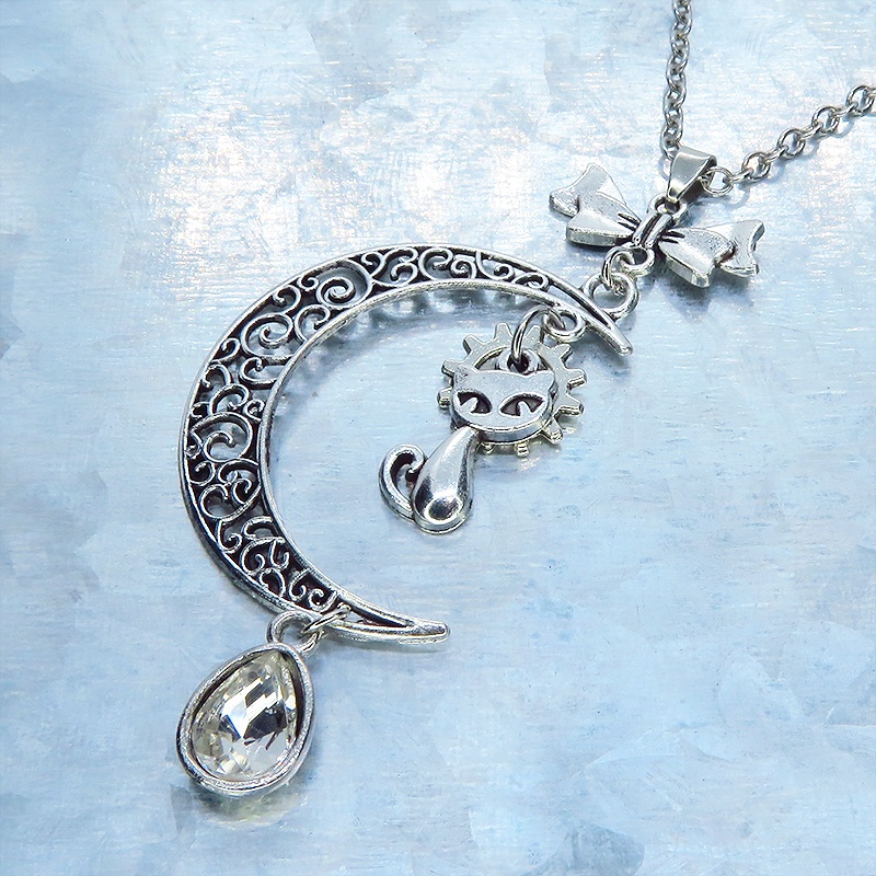 アンティークシルバー 猫と三日月のネックレス ティアドロップラインストーン(5色選択) 長さ変更可 SV925変更可