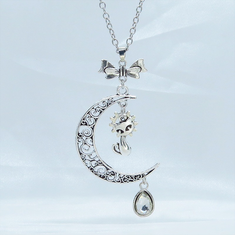 アンティークシルバー 猫と三日月のネックレス ティアドロップラインストーン(5色選択) 長さ変更可 SV925変更可