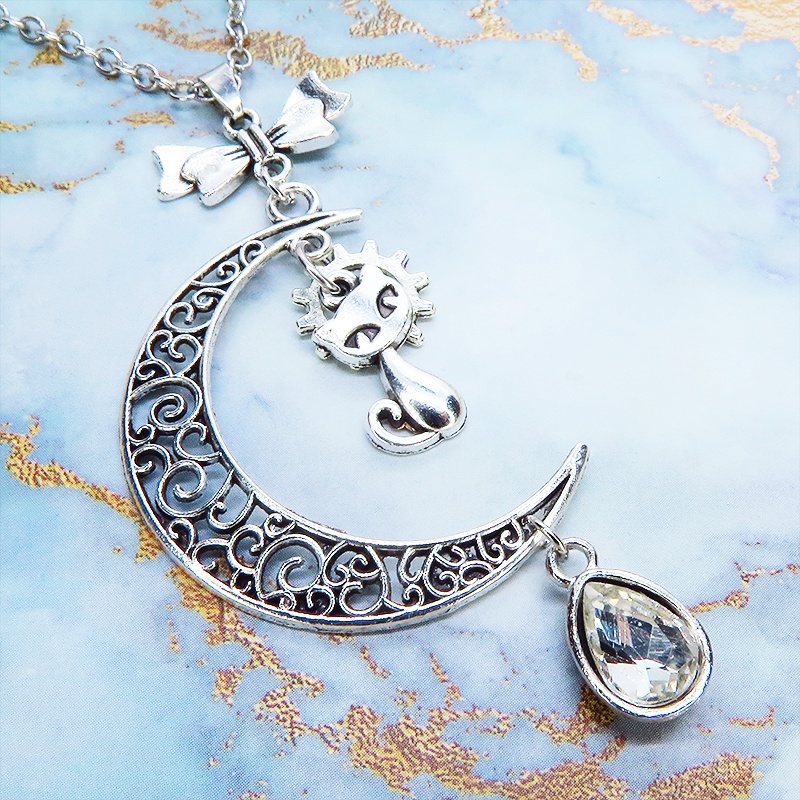 アンティークシルバー 猫と三日月のネックレス ティアドロップラインストーン(5色選択) 長さ変更可 SV925変更可