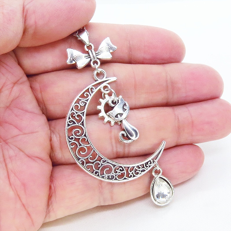 アンティークシルバー 猫と三日月のネックレス ティアドロップラインストーン(5色選択) 長さ変更可 SV925変更可
