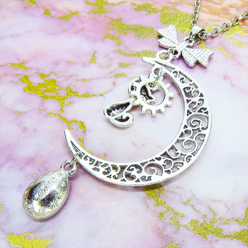 アンティークシルバー 猫と三日月のネックレス ティアドロップラインストーン(5色選択) 長さ変更可 SV925変更可