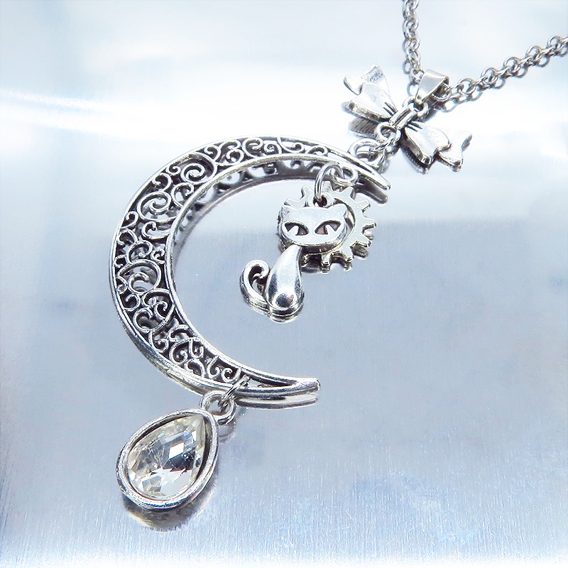 アンティークシルバー 猫と三日月のネックレス ティアドロップラインストーン(5色選択) 長さ変更可 SV925変更可