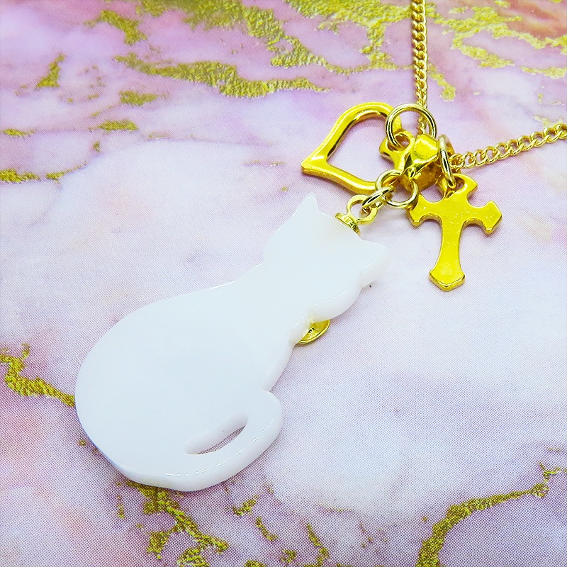 白猫シルエットモチーフとハート&ロザリオの大人可愛いネックレス SV925 18KGC変更可