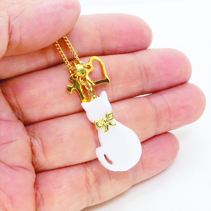 白猫シルエットモチーフとハート&ロザリオの大人可愛いネックレス SV925 18KGC変更可