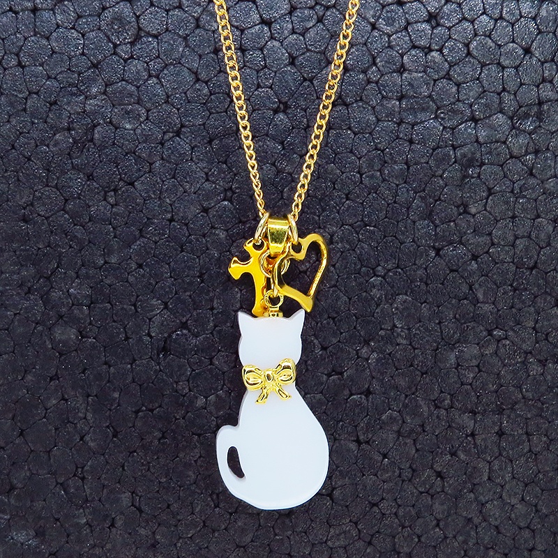 白猫シルエットモチーフとハート&ロザリオの大人可愛いネックレス SV925 18KGC変更可