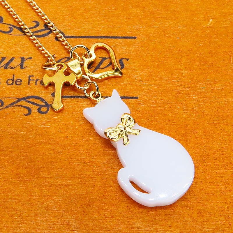 白猫シルエットモチーフとハート&ロザリオの大人可愛いネックレス SV925 18KGC変更可