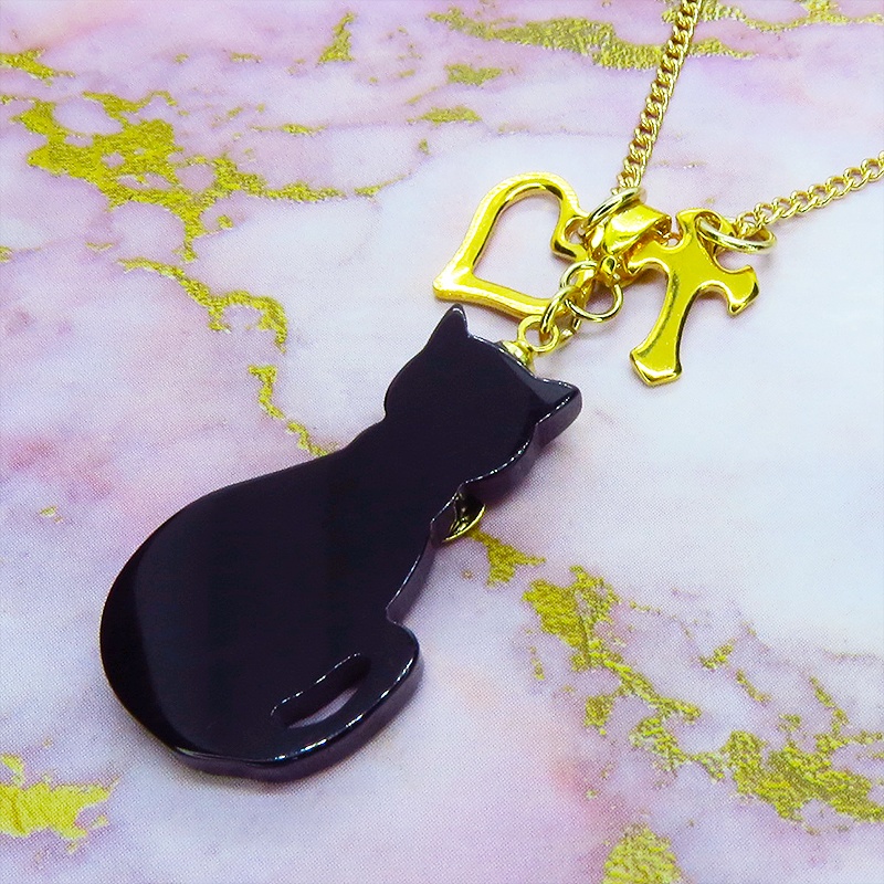 黒猫シルエットモチーフとハート&ロザリオの大人可愛いネックレス SV925 18KGC変更可