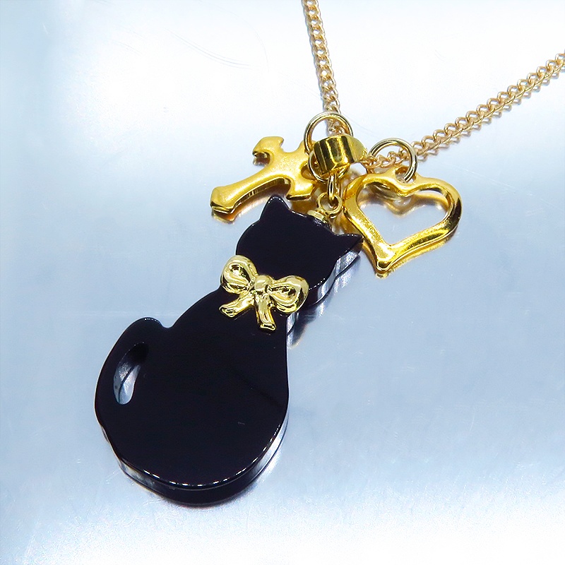 黒猫シルエットモチーフとハート&ロザリオの大人可愛いネックレス SV925 18KGC変更可