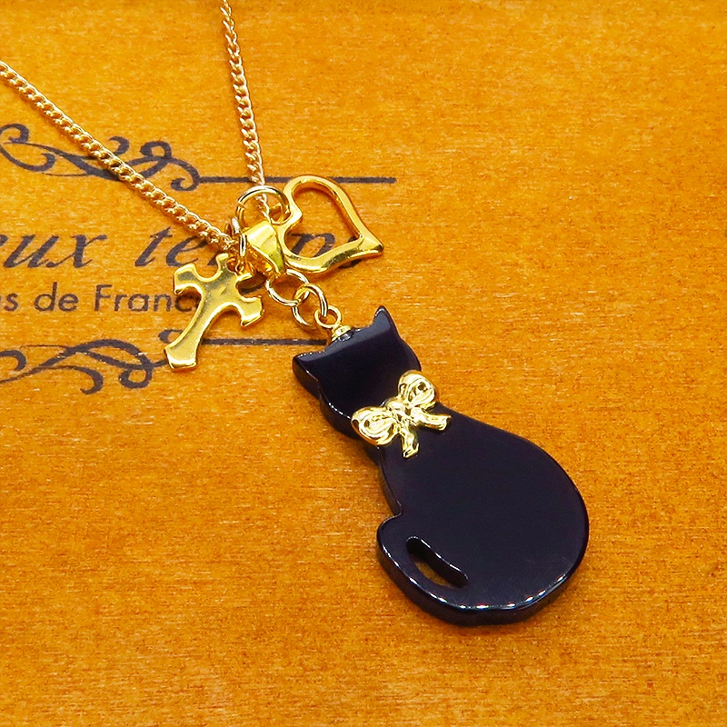 黒猫シルエットモチーフとハート&ロザリオの大人可愛いネックレス SV925 18KGC変更可