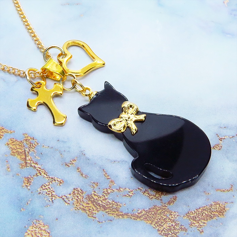 黒猫シルエットモチーフとハート&ロザリオの大人可愛いネックレス SV925 18KGC変更可