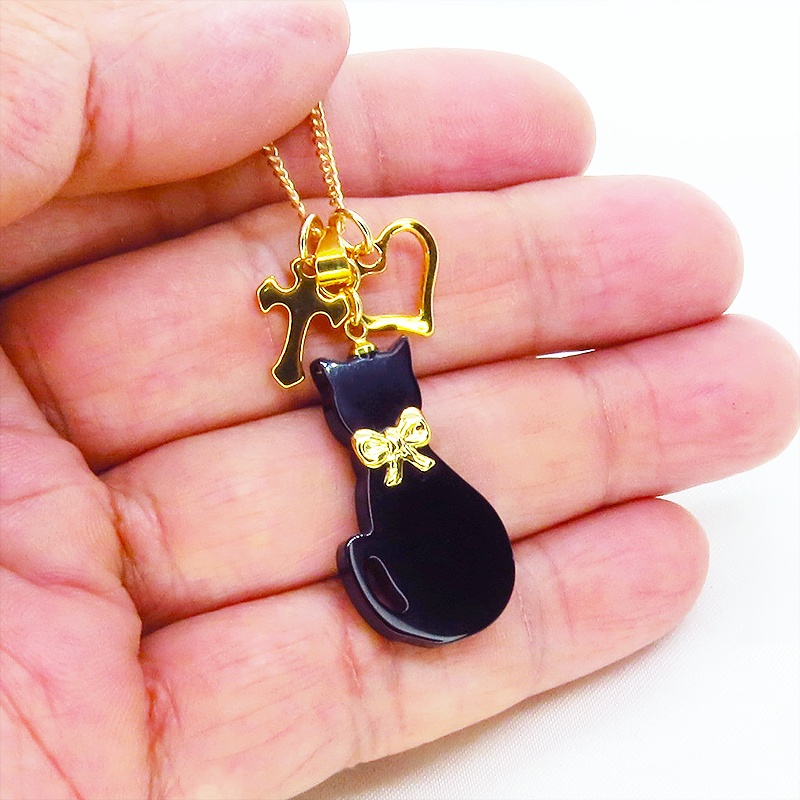 黒猫シルエットモチーフとハート&ロザリオの大人可愛いネックレス SV925 18KGC変更可