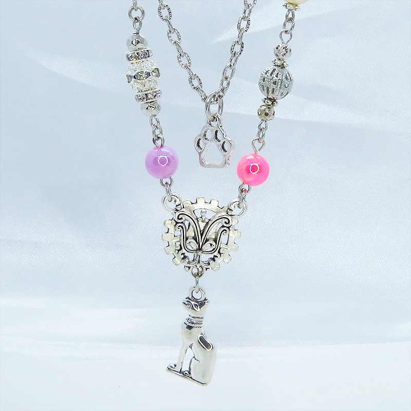 バステト 猫の神様 オリエンタル風 ダブルチェーン ビーズを組合わせたアシンメトリーネックレス アジャスター可