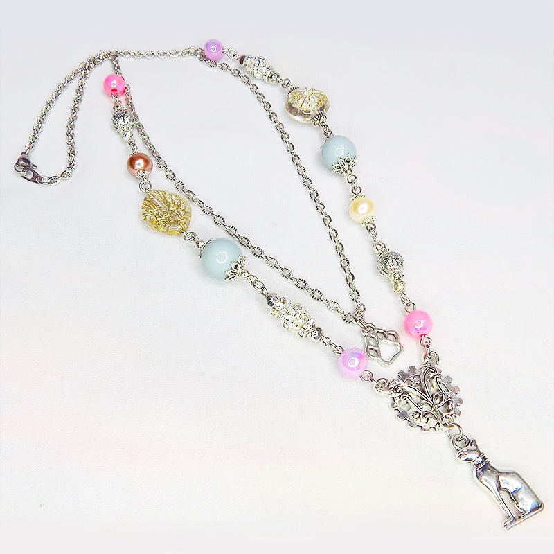 バステト 猫の神様 オリエンタル風 ダブルチェーン ビーズを組合わせたアシンメトリーネックレス アジャスター可