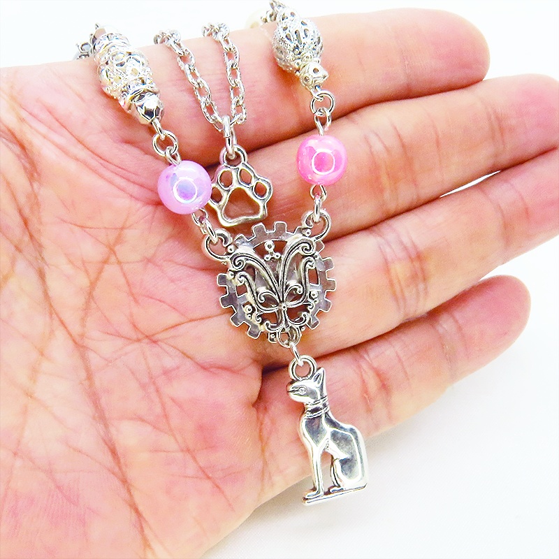 バステト 猫の神様 オリエンタル風 ダブルチェーン ビーズを組合わせたアシンメトリーネックレス アジャスター可