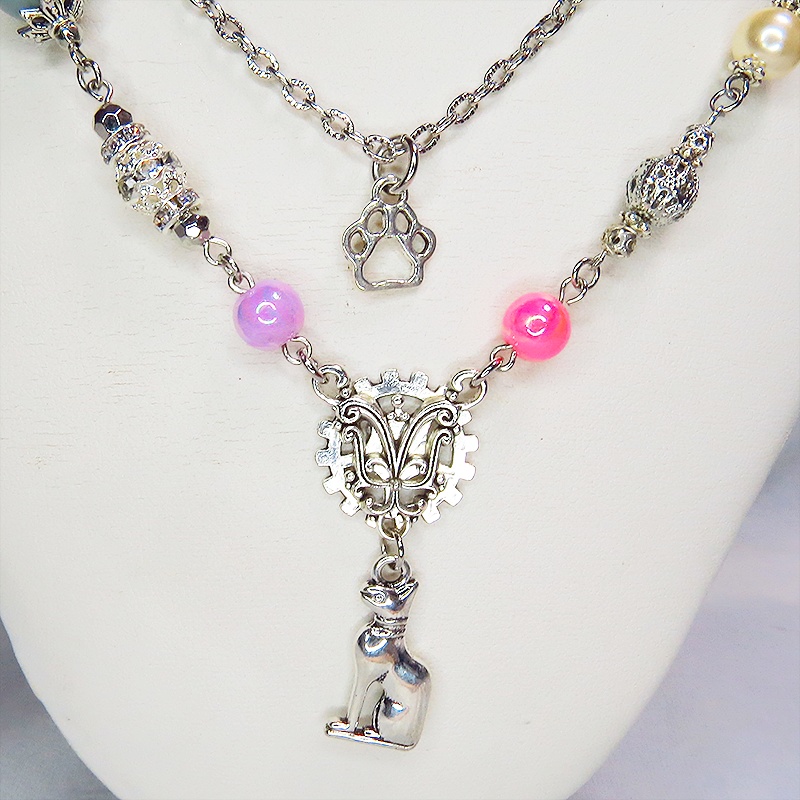 バステト 猫の神様 オリエンタル風 ダブルチェーン ビーズを組合わせたアシンメトリーネックレス アジャスター可