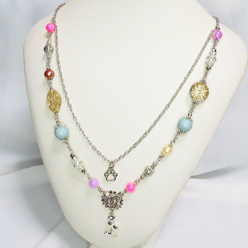 バステト 猫の神様 オリエンタル風 ダブルチェーン ビーズを組合わせたアシンメトリーネックレス アジャスター可