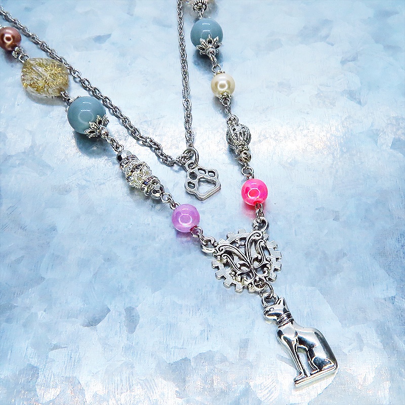 バステト 猫の神様 オリエンタル風 ダブルチェーン ビーズを組合わせたアシンメトリーネックレス アジャスター可